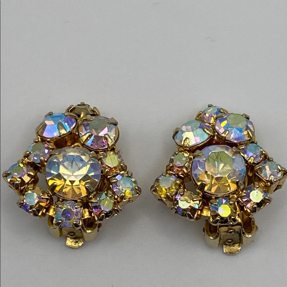 Vintage Aurora Borealis Gold Tone Clip Earrings